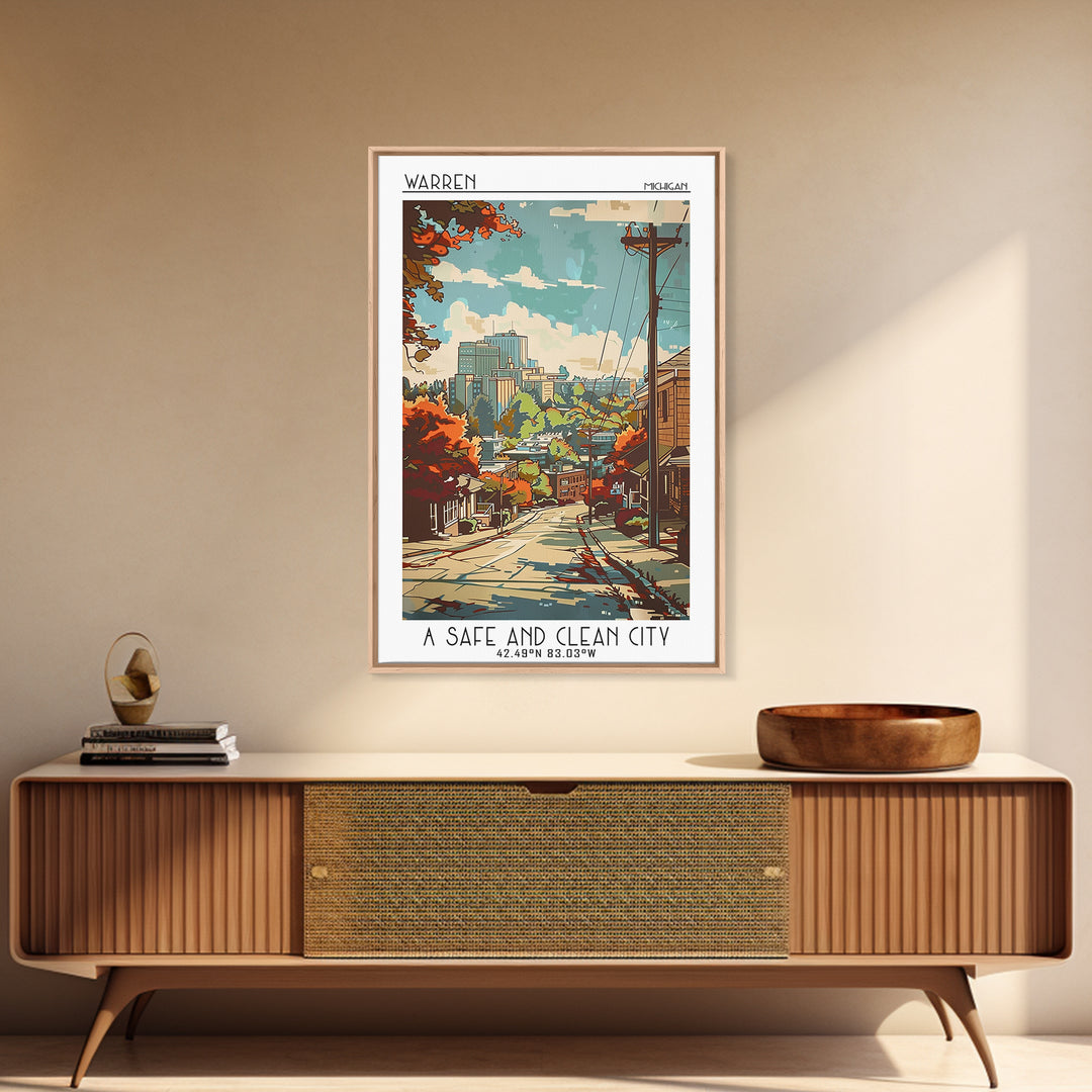 Warren Michigan Travel Poster, Framed Canvas Print, Vintage Travel Print, City Wall Art, Poster Print, Retro Travel Poster, Wall Art