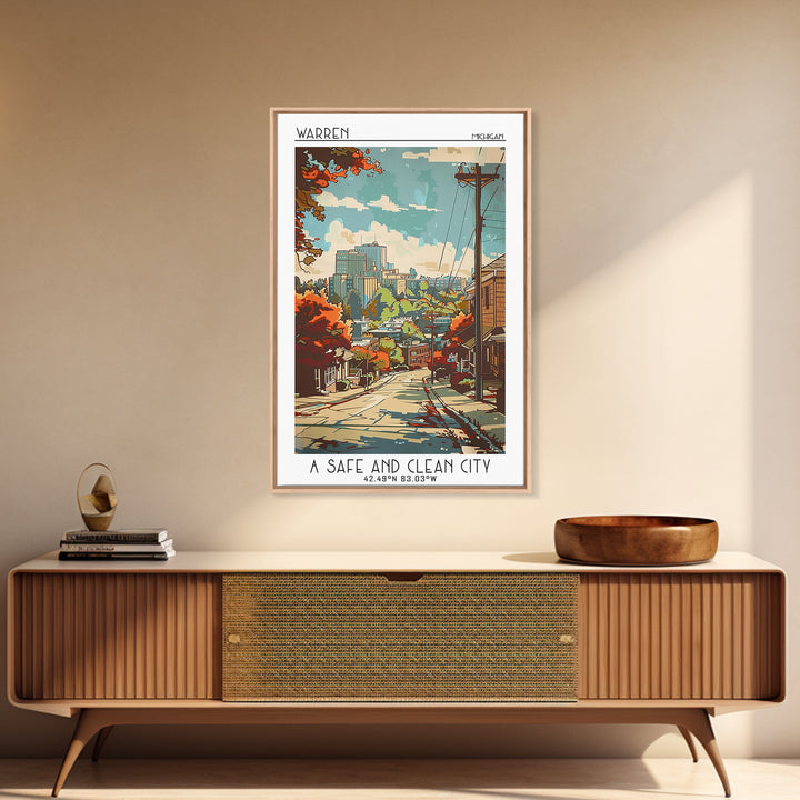 Warren Michigan Travel Poster, Framed Canvas Print, Vintage Travel Print, City Wall Art, Poster Print, Retro Travel Poster, Wall Art