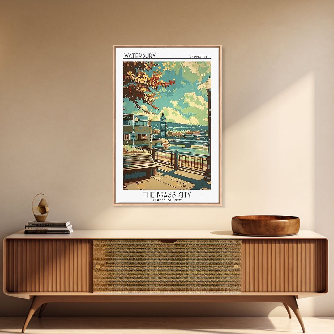 Waterbury Travel Poster, Framed Canvas Print, City Art Print, Travel Wall Art, Travel Art Print, Watercolor Cityscape, Landscape Art