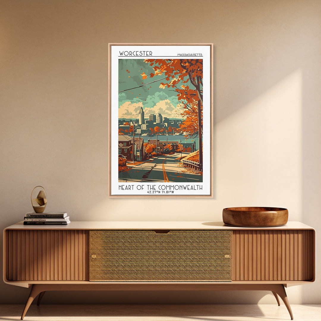 Worcester Massachusetts Travel Poster, Framed Canvas Print, Travel Prints, Landscape Art, Watercolor Cityscape, Mid Century Wall Art