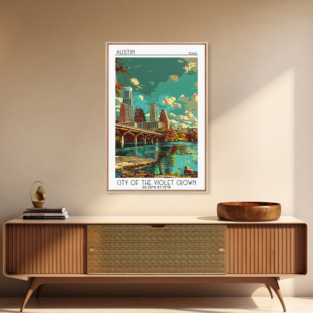 Austin Travel Poster, Framed Canvas Print, Travel Prints, Landscape Art, Travel Art Print, Home Office Decor, Wall Art, Travel Decor