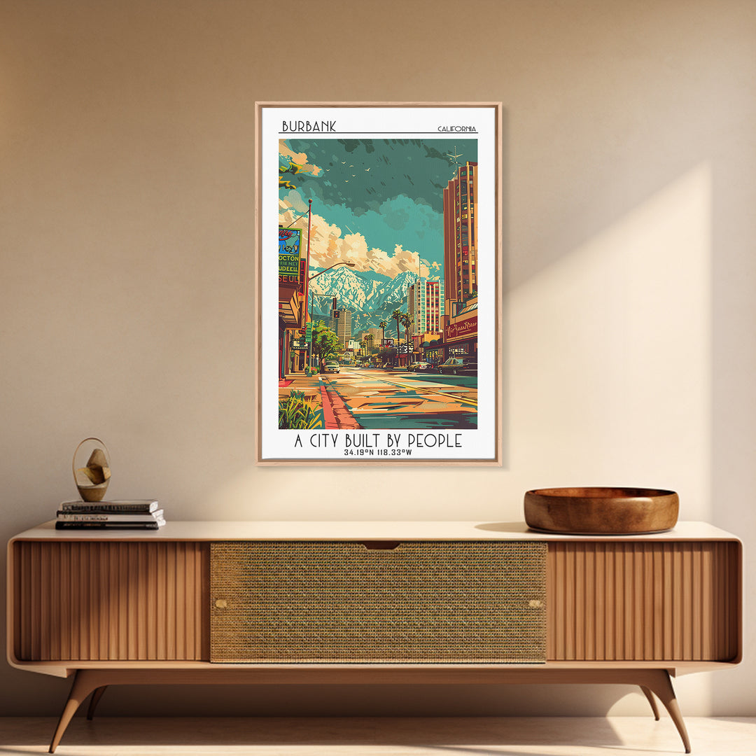 Burbank Travel Poster, Canvas Print, Retro Wall Art, Travel Print, Colorful Wall Art, City Illustration, Poster Print, Travel Prints