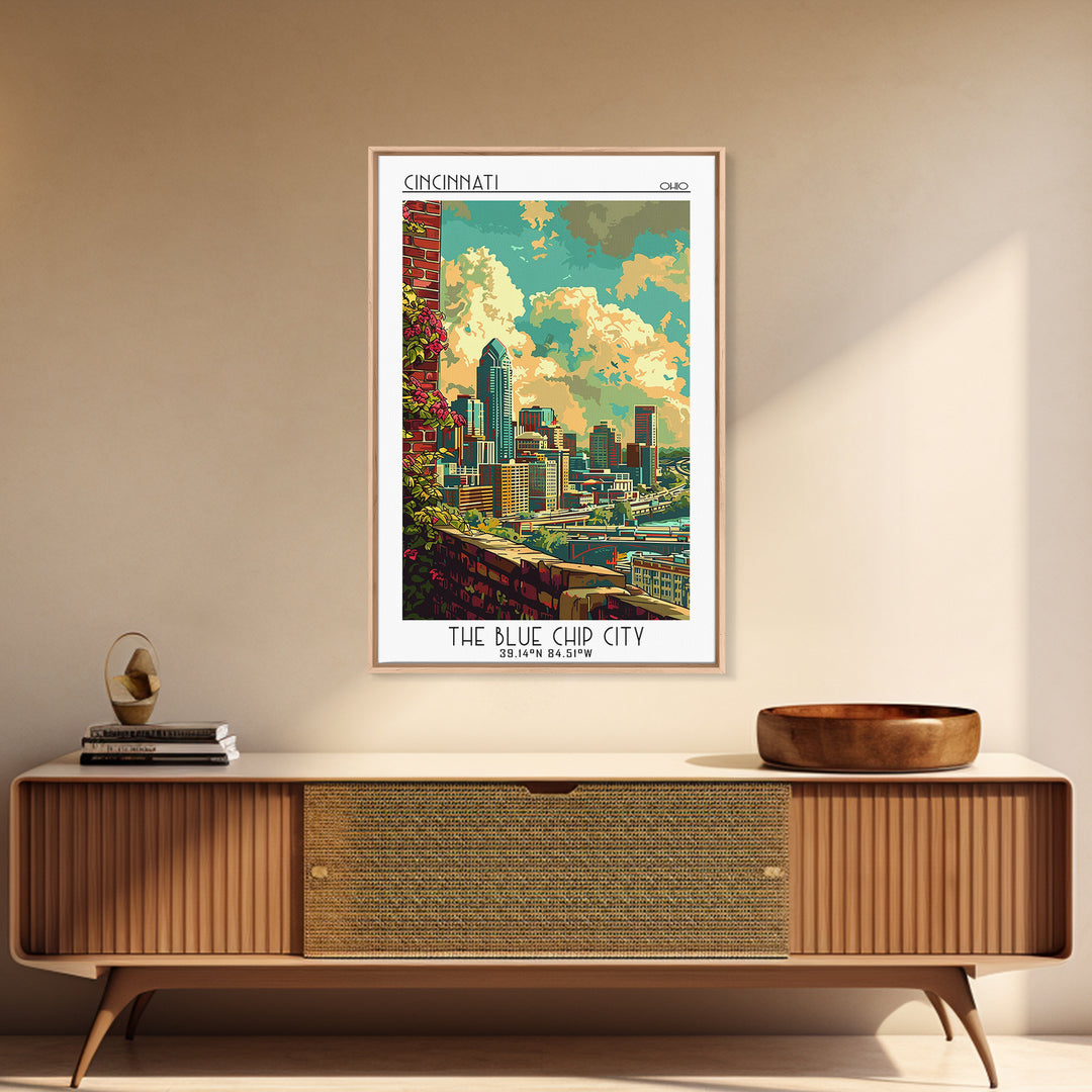 Cincinnati Travel Poster, Canvas Print, Retro Travel Poster, City Wall Art, Mid Century Wall Art, Travel Print, Watercolor Cityscape