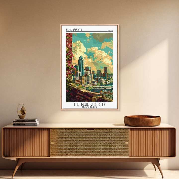 Cincinnati Travel Poster, Canvas Print, Retro Travel Poster, City Wall Art, Mid Century Wall Art, Travel Print, Watercolor Cityscape
