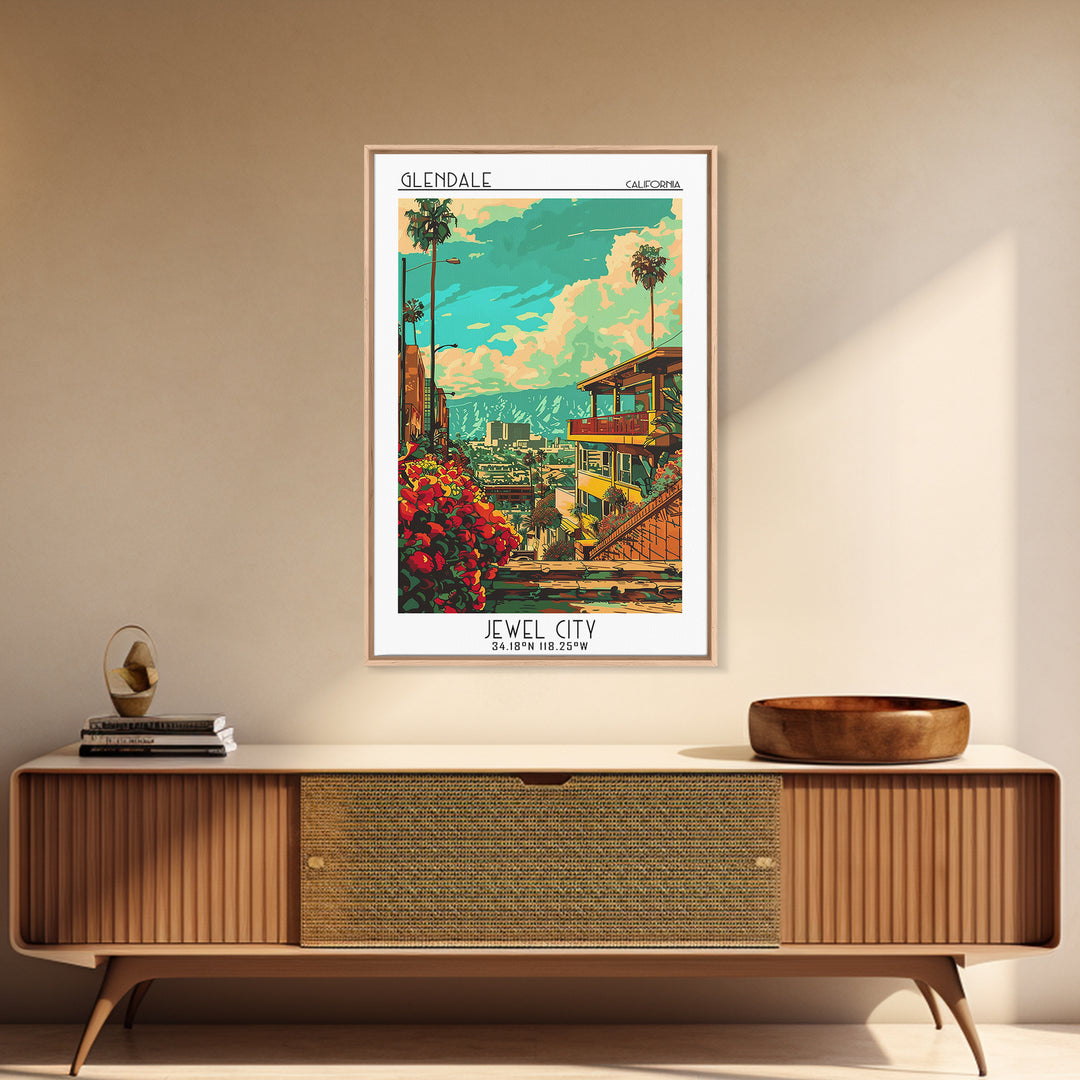 Glendale California Travel Poster, Framed Canvas Print, Travel Wall Decor, Minimalist Poster, Retro Travel Poster, City Illustration