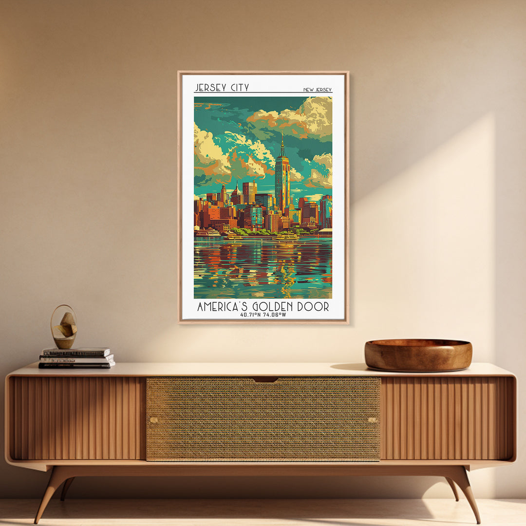 Jersey City Travel Poster, Framed Canvas Print, Retro Wall Art, Travel Print, Vintage Posters, Gallery Wall Set, Vintage City Poster