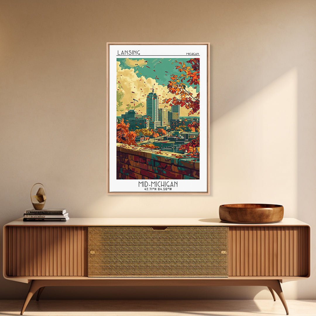 Lansing Travel Poster, Canvas Print, City Travel Poster, Vintage City Poster, Living Room Wall Art, Landscape Art, City Illustration