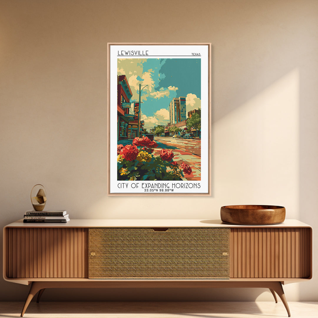 Lewisville Travel Poster, Framed Canvas Print, Travel Prints, Landscape Art, Retro Travel Poster, Poster Print, Watercolor Cityscape
