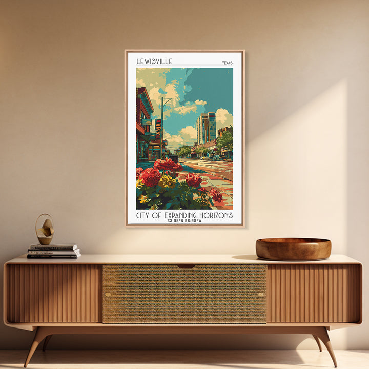 Lewisville Travel Poster, Framed Canvas Print, Travel Prints, Landscape Art, Retro Travel Poster, Poster Print, Watercolor Cityscape