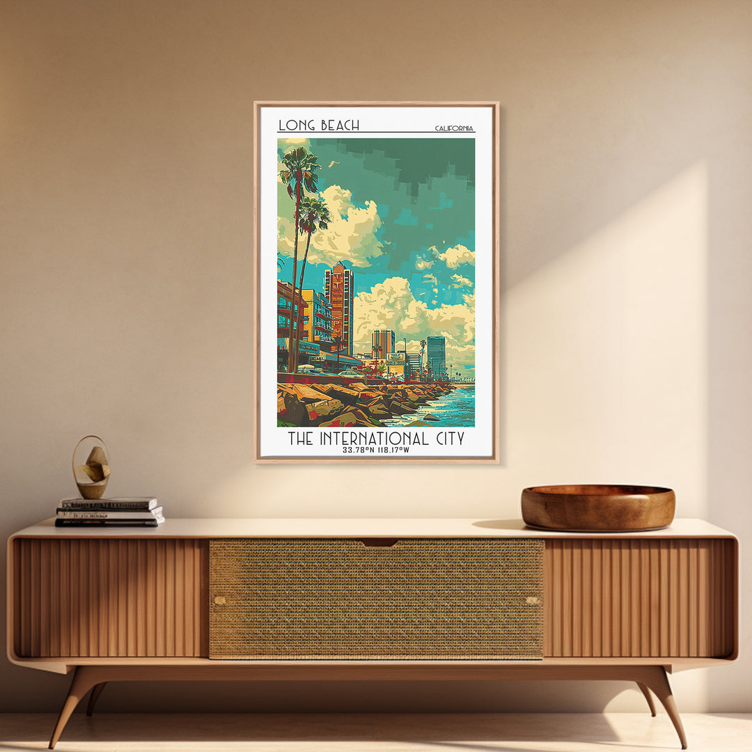 Long Beach Travel Poster, Framed Canvas Print, Travel Wall Art, City Wall Art, City Art Print, Vintage Posters, Mid Century Wall Art