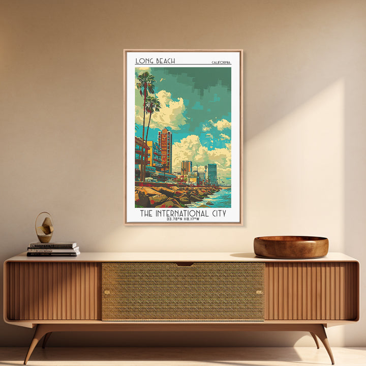 Long Beach Travel Poster, Framed Canvas Print, Travel Wall Art, City Wall Art, City Art Print, Vintage Posters, Mid Century Wall Art