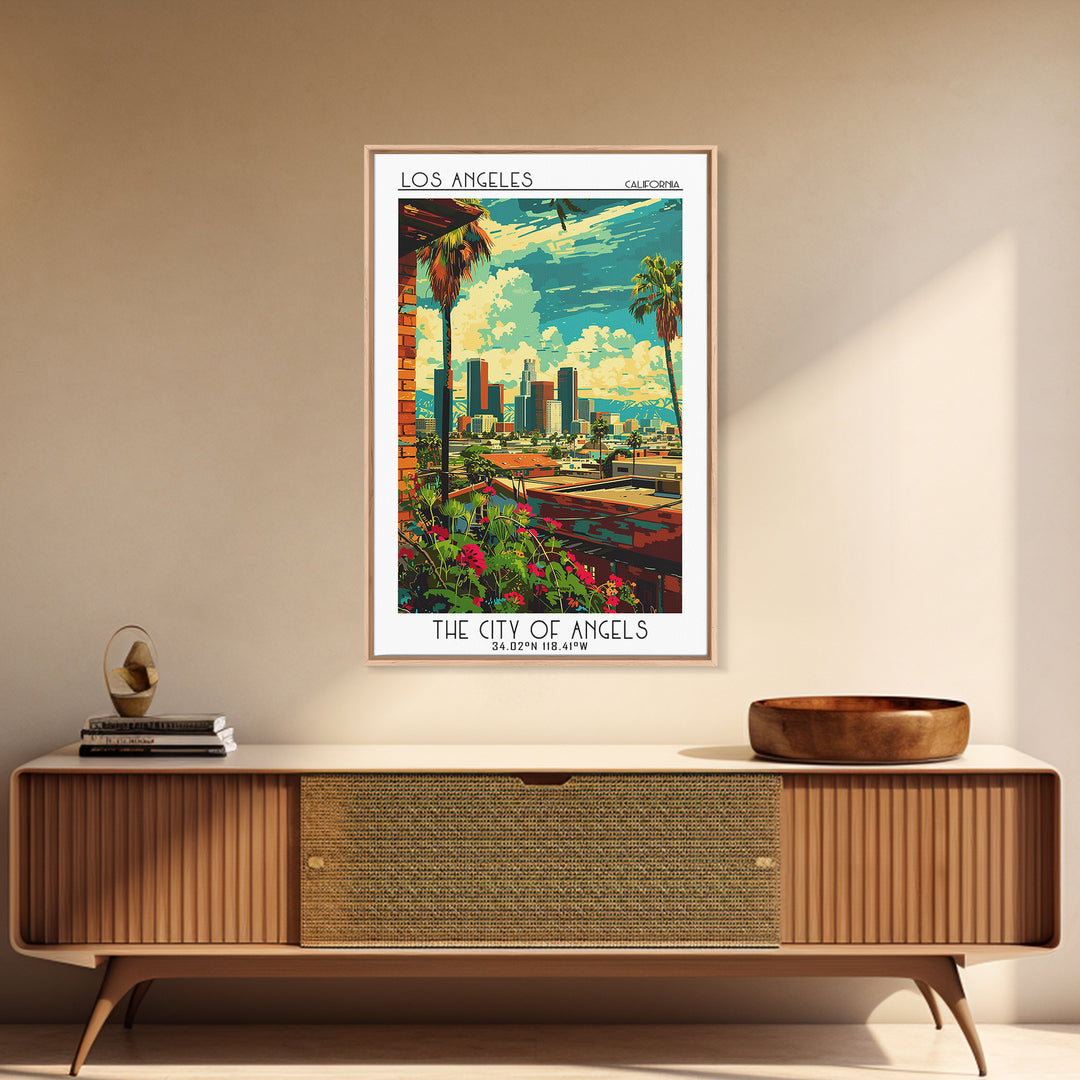 Los Angeles Travel Poster, Framed Canvas Print, Retro Wall Art, Travel Print, Wanderlust Gift, Vintage City Poster, Gallery Wall Set