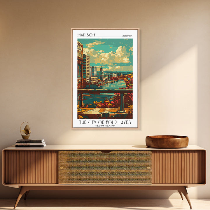 Madison Travel Poster, Framed Canvas Print, Retro Travel Poster, City Wall Art, Home Office Decor, Fine Art Print, Colorful Wall Art