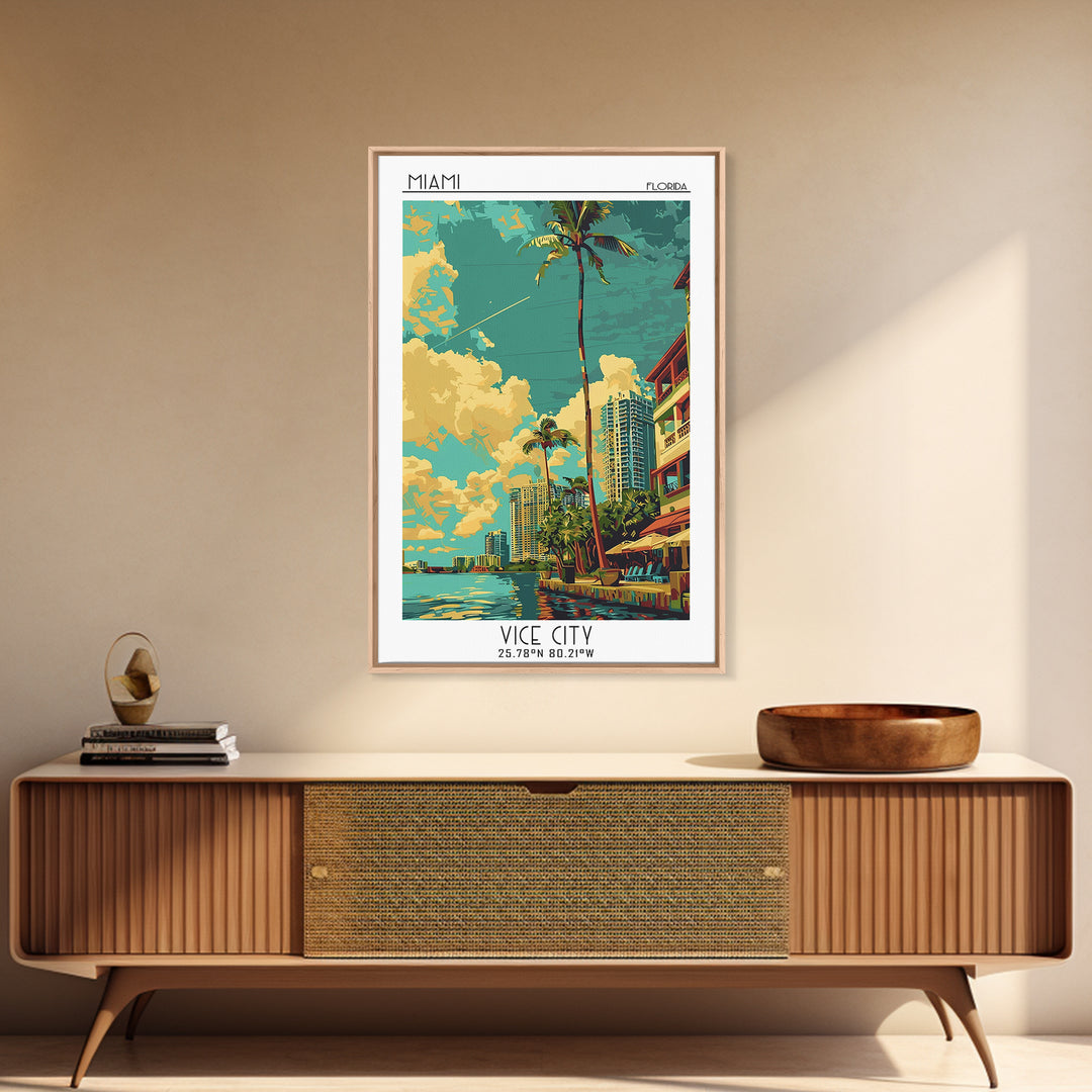 Miami Travel Poster, Framed Canvas Print, Poster Print, Travel Wall Art, Colorful Wall Art, Retro Travel Print, Wall Art, Poster Art