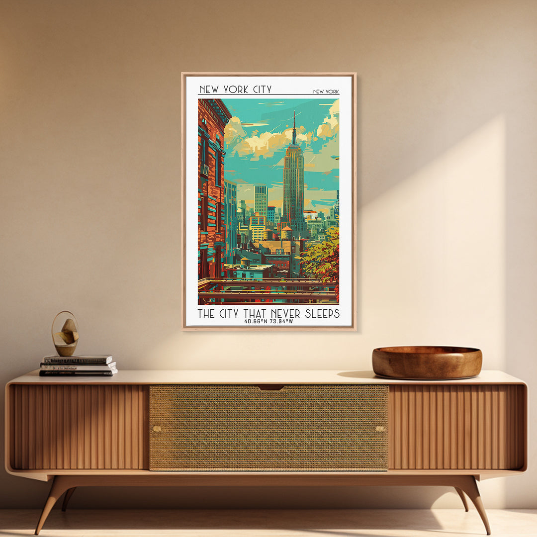 New York Travel Poster, Framed Canvas Print, Travel Wall Art, City Wall Art, Retro Wall Art, Mid Century Wall Art, Colorful Wall Art