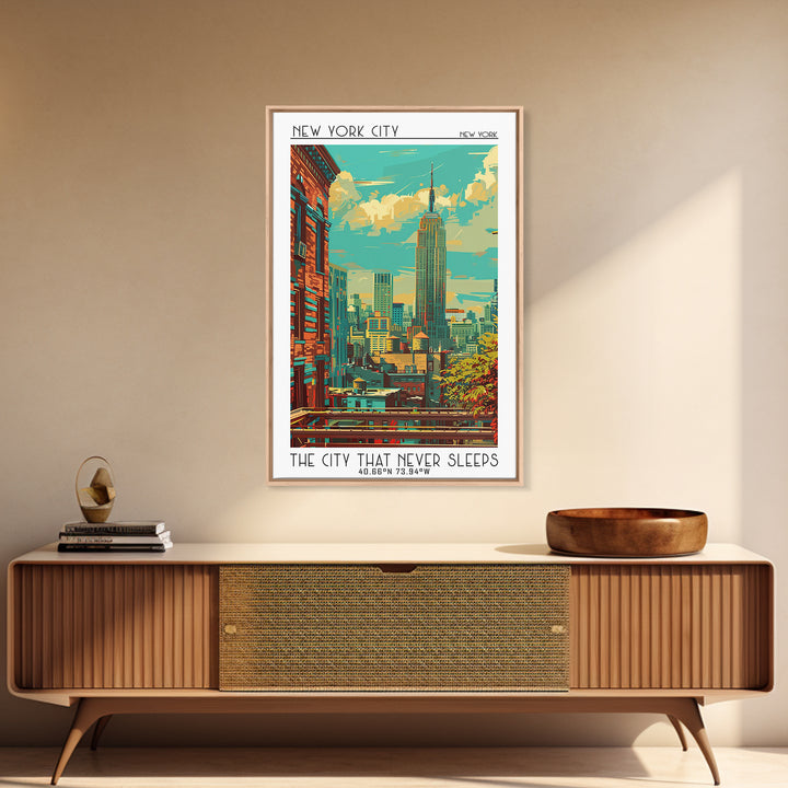 New York Travel Poster, Framed Canvas Print, Travel Wall Art, City Wall Art, Retro Wall Art, Mid Century Wall Art, Colorful Wall Art