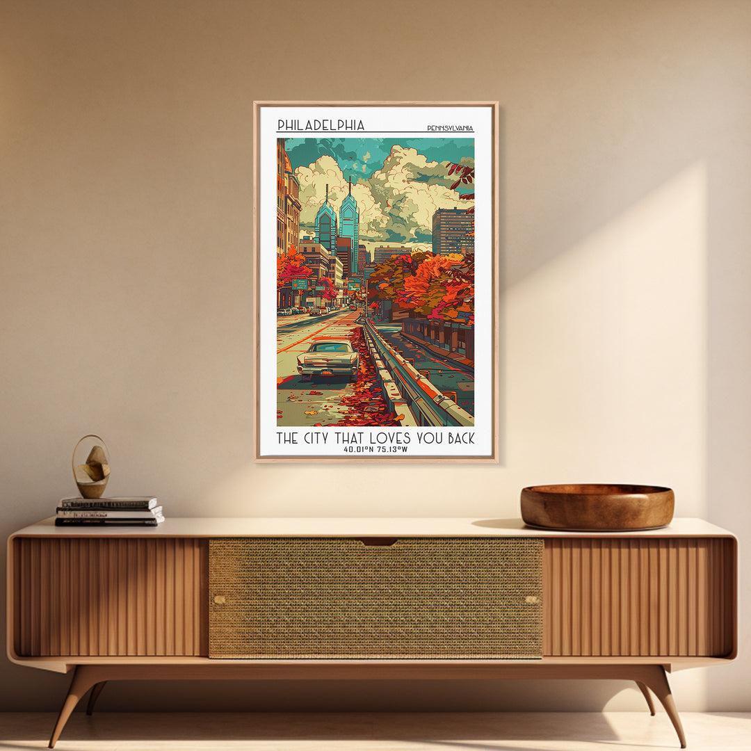 Philadelphia Travel Poster, Framed Canvas Print, Retro Wall Art, Travel Print, Travel Wall Decor, City Wall Art, Retro Travel Poster