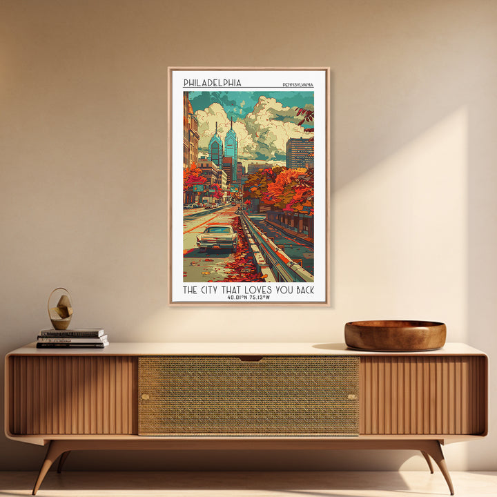 Philadelphia Travel Poster, Framed Canvas Print, Retro Wall Art, Travel Print, Travel Wall Decor, City Wall Art, Retro Travel Poster