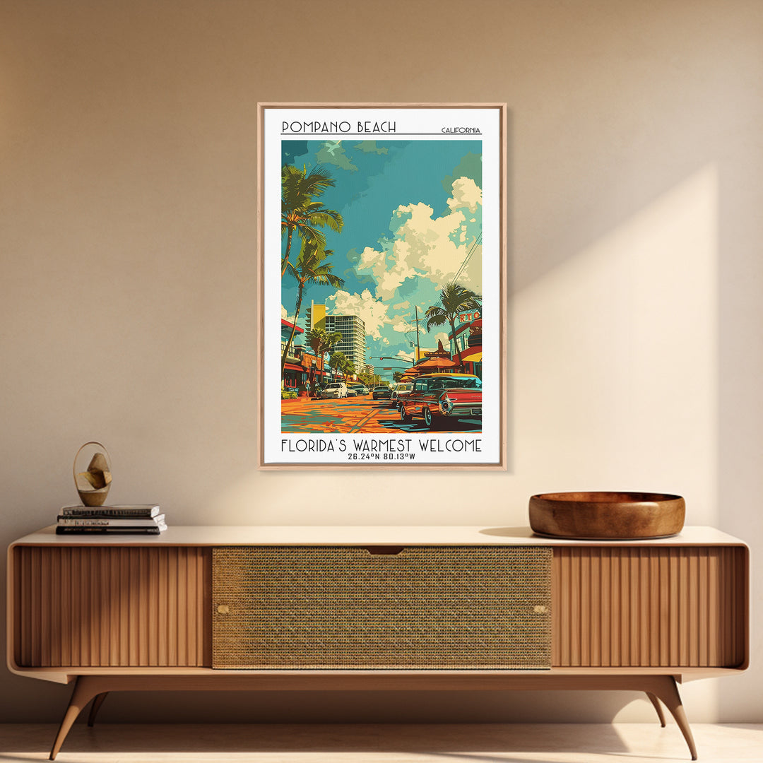 Pompano Beach Travel Poster, Framed Canvas Print, Travel Wall Art, City Wall Art, Vintage Poster, Vintage Travel Art, Travel Posters