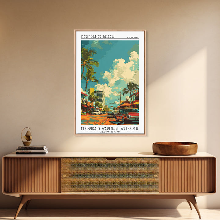 Pompano Beach Travel Poster, Framed Canvas Print, Travel Wall Art, City Wall Art, Vintage Poster, Vintage Travel Art, Travel Posters