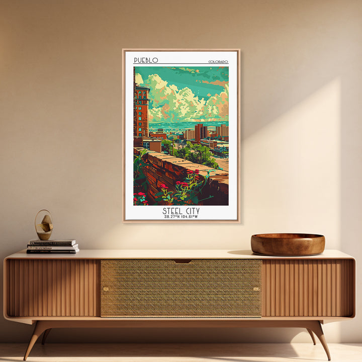 Pueblo Travel Poster, Framed Canvas Print, Retro Wall Art, Travel Print, Home Decor, Watercolor Cityscape, Wall Art, Wanderlust Gift