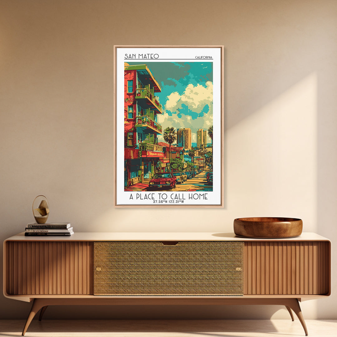 San Mateo Travel Poster, Framed Canvas Print, Retro Travel Poster, City Wall Art, Travel Art Print, Minimalist Poster, Landscape Art