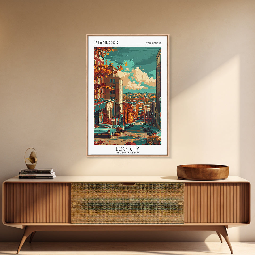Stamford Travel Poster, Framed Canvas Print, Travel Wall Decor, Minimalist Poster, Fine Art Print, Modern Wall Decor, City Art Print