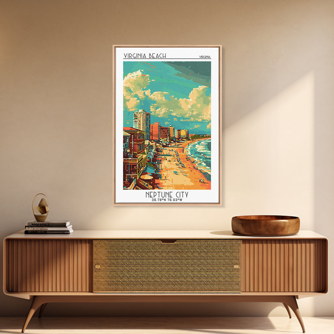 Virginia Beach Travel Poster, Framed Canvas Print, Poster Print, Travel Wall Art, Travel Wall Decor, Art Print, Mid Century Wall Art