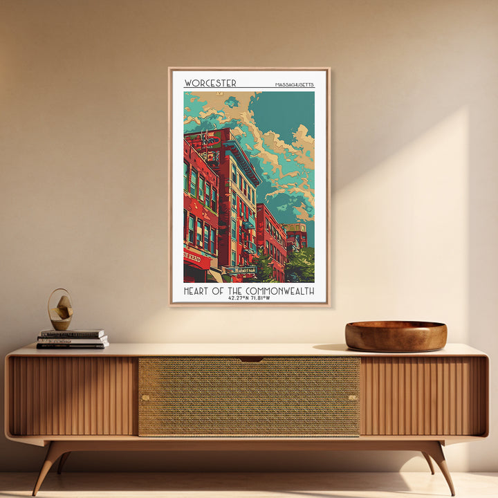 Worcester Travel Poster, Framed Canvas Print, Travel Prints, Landscape Art, Living Room Wall Art, Watercolor Cityscape, Travel Print