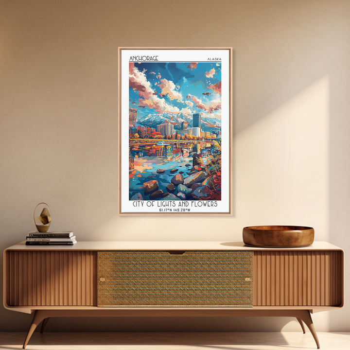Anchorage Travel Poster, Framed Canvas Print, Retro Travel Poster, City Wall Art, Wanderlust Gift, City Illustration, Vintage Travel