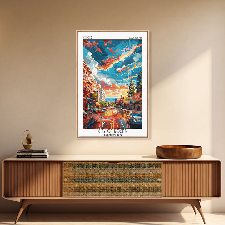 Chico Travel Poster, Framed Canvas Print, Travel Prints, Landscape Art, Art Print, Vintage Poster, City Wall Art, Retro Travel Print