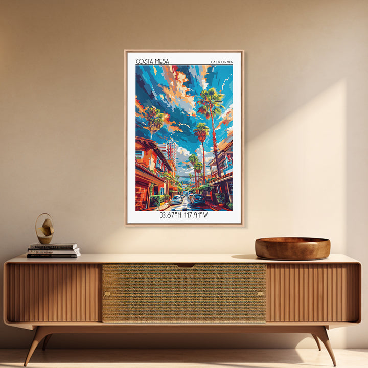 Costa Mesa Travel Poster, Framed Canvas Print, City Travel Poster, Vintage City Poster, Wall Art, City Illustration, Wanderlust Gift