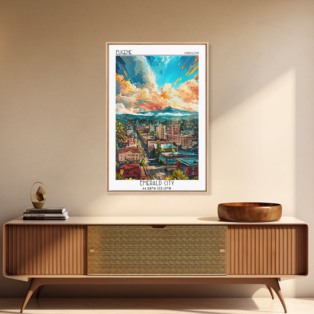 Eugene Travel Poster, Framed Canvas Print, Retro Travel Poster, City Wall Art, Wanderlust Gift, Vintage Travel Print, Fine Art Print
