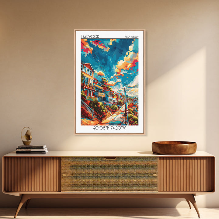 Lakewood New Jersey Travel Poster, Framed Canvas Print, Vintage Travel Print, City Wall Art, City Illustration, Mid Century Wall Art