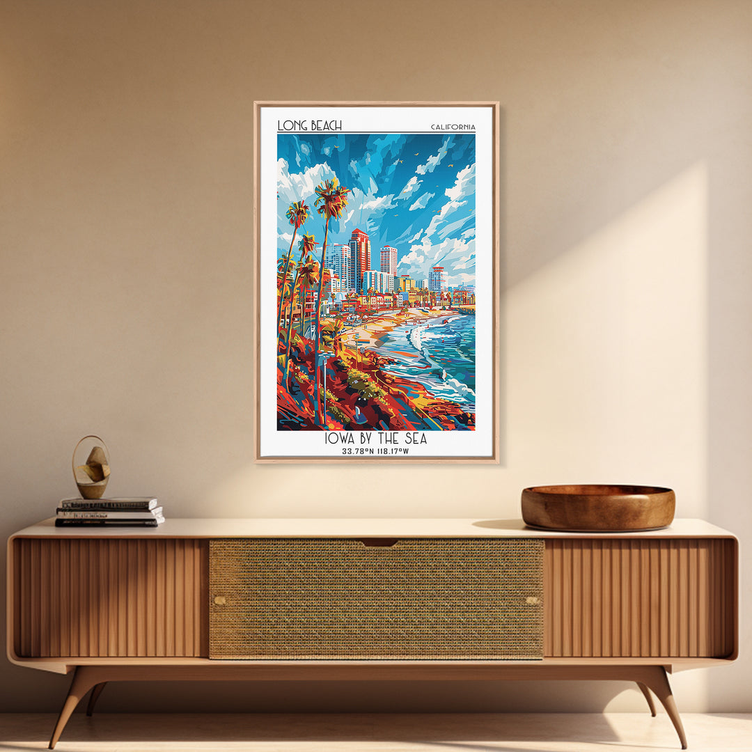 Long Beach Travel Poster, Framed Canvas Print, Travel Prints, Landscape Art, Watercolor Cityscape, Retro Wall Art, Colorful Wall Art