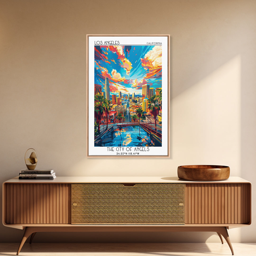 Los Angeles Travel Poster, Framed Canvas Print, Travel Prints, Landscape Art, Travel Wall Decor, Retro Wall Art, Retro Travel Poster