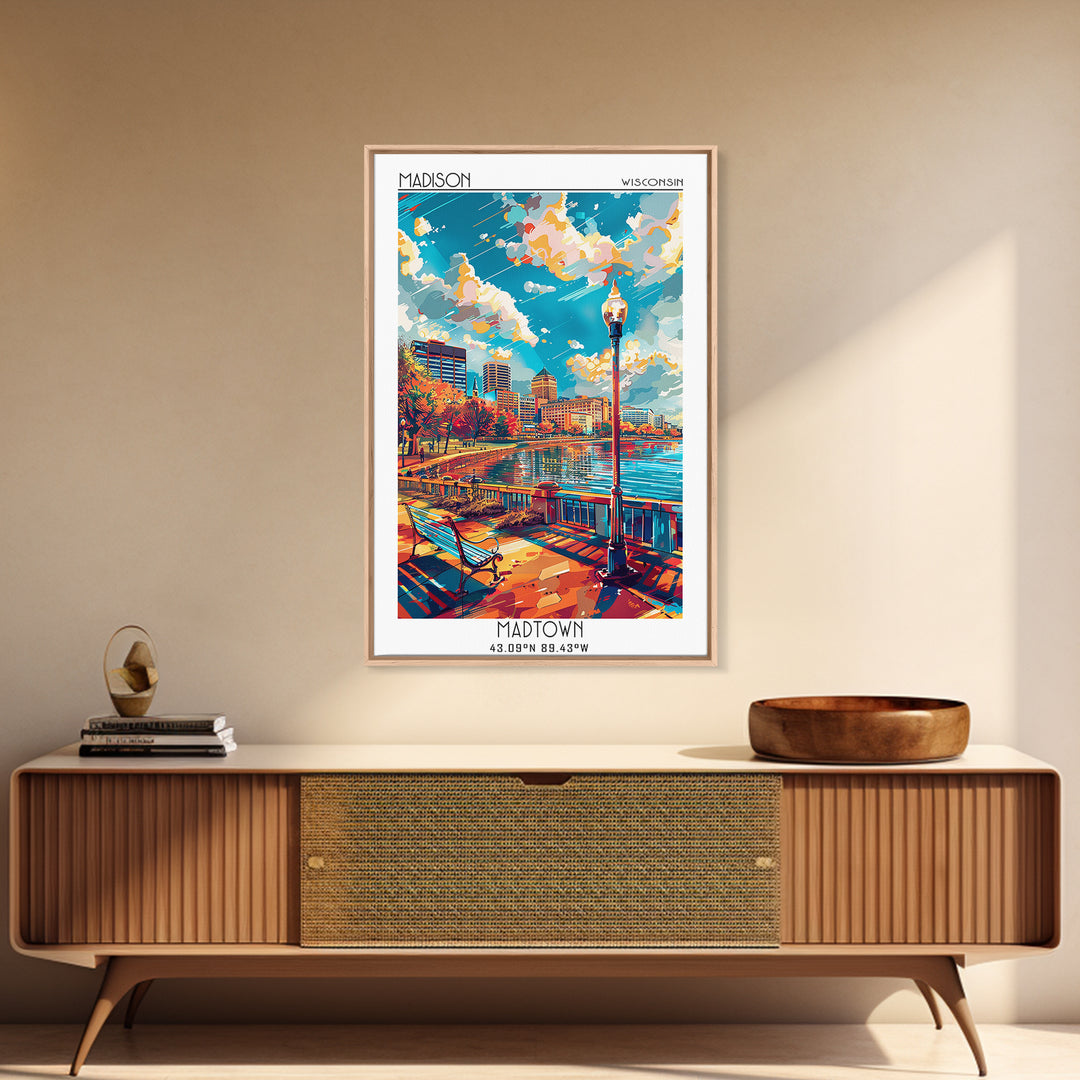 Madison Travel Poster, Framed Canvas Print, Travel Wall Art, City Wall Art, Retro Travel Poster, Travel Prints, Mid Century Wall Art