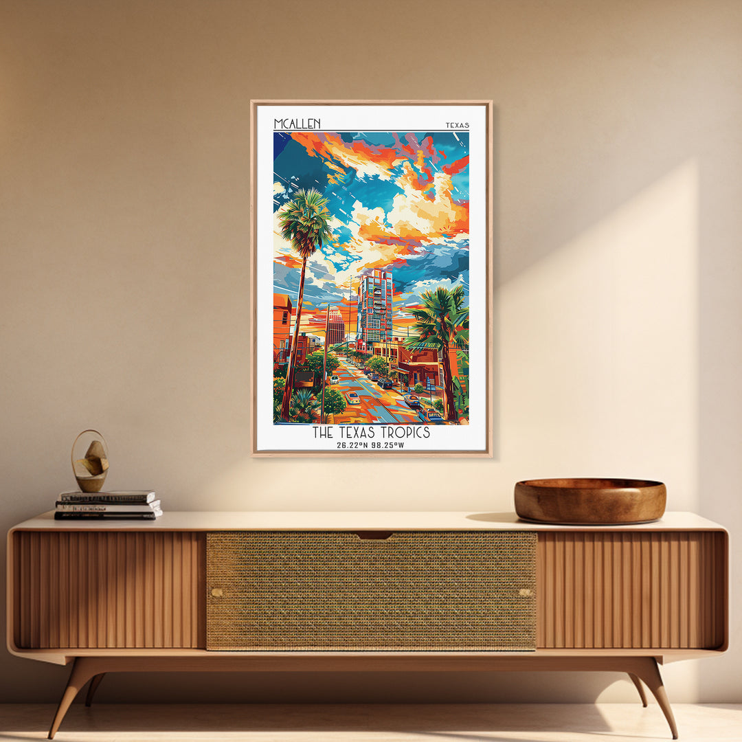 McAllen Travel Poster, Framed Canvas Print, Retro Wall Art, Travel Print, Home Decor, City Illustration, Art Print, Travel Art Print