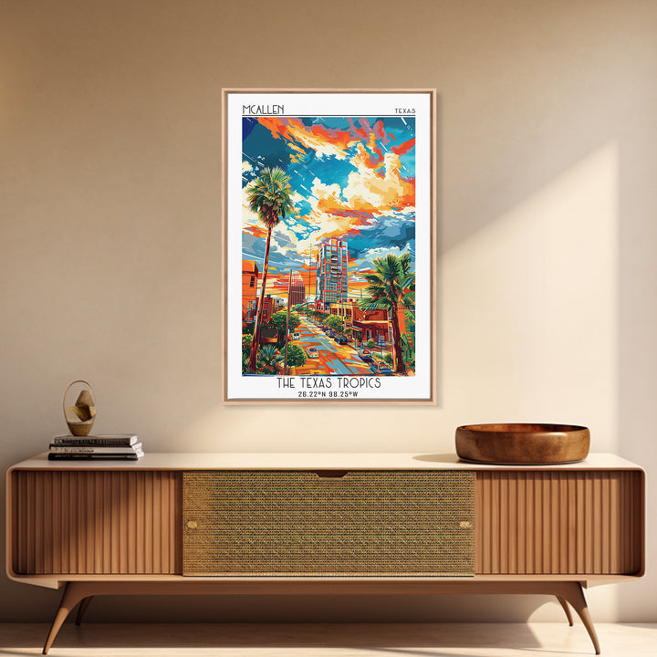 McAllen Travel Poster, Framed Canvas Print, Retro Wall Art, Travel Print, Home Decor, City Illustration, Art Print, Travel Art Print