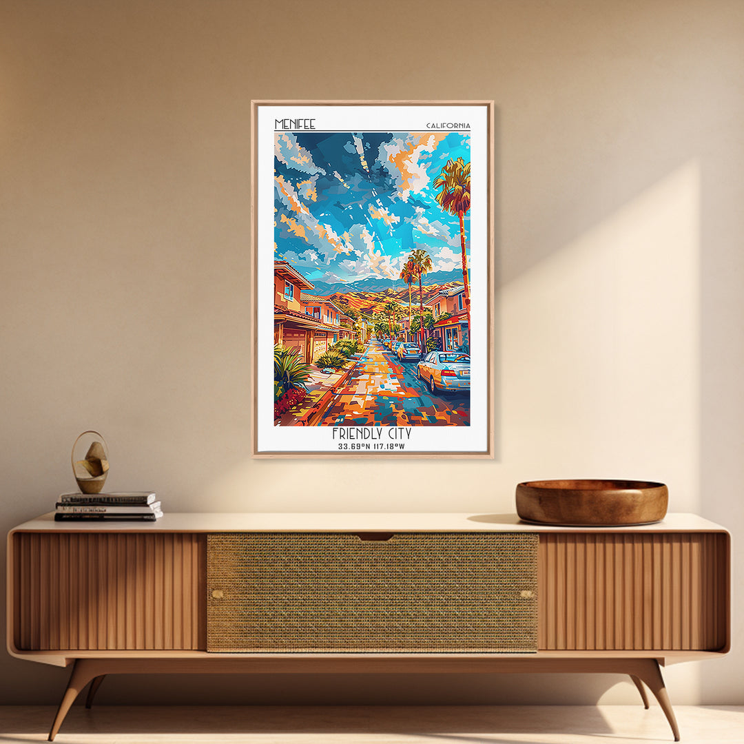 Menifee Travel Poster, Framed Canvas Print, Retro Travel Poster, City Wall Art, Living Room Wall Art, Retro Wall Art, Vintage Poster