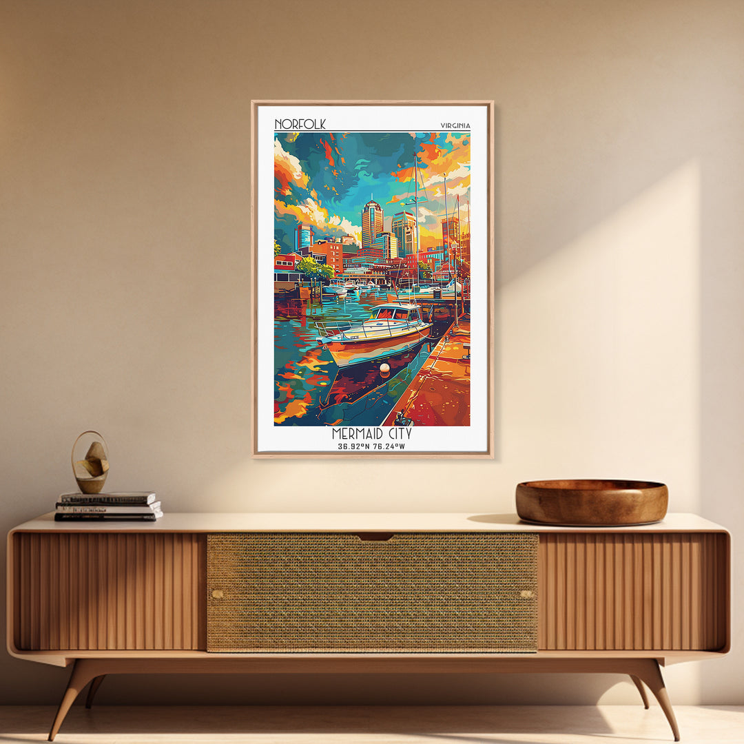 Norfolk Travel Poster, Framed Canvas Print, Retro Travel Poster, City Wall Art, City Travel Poster, Home Decor, Mid Century Wall Art