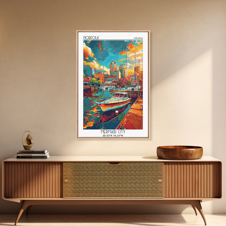 Norfolk Travel Poster, Framed Canvas Print, Retro Travel Poster, City Wall Art, City Travel Poster, Home Decor, Mid Century Wall Art