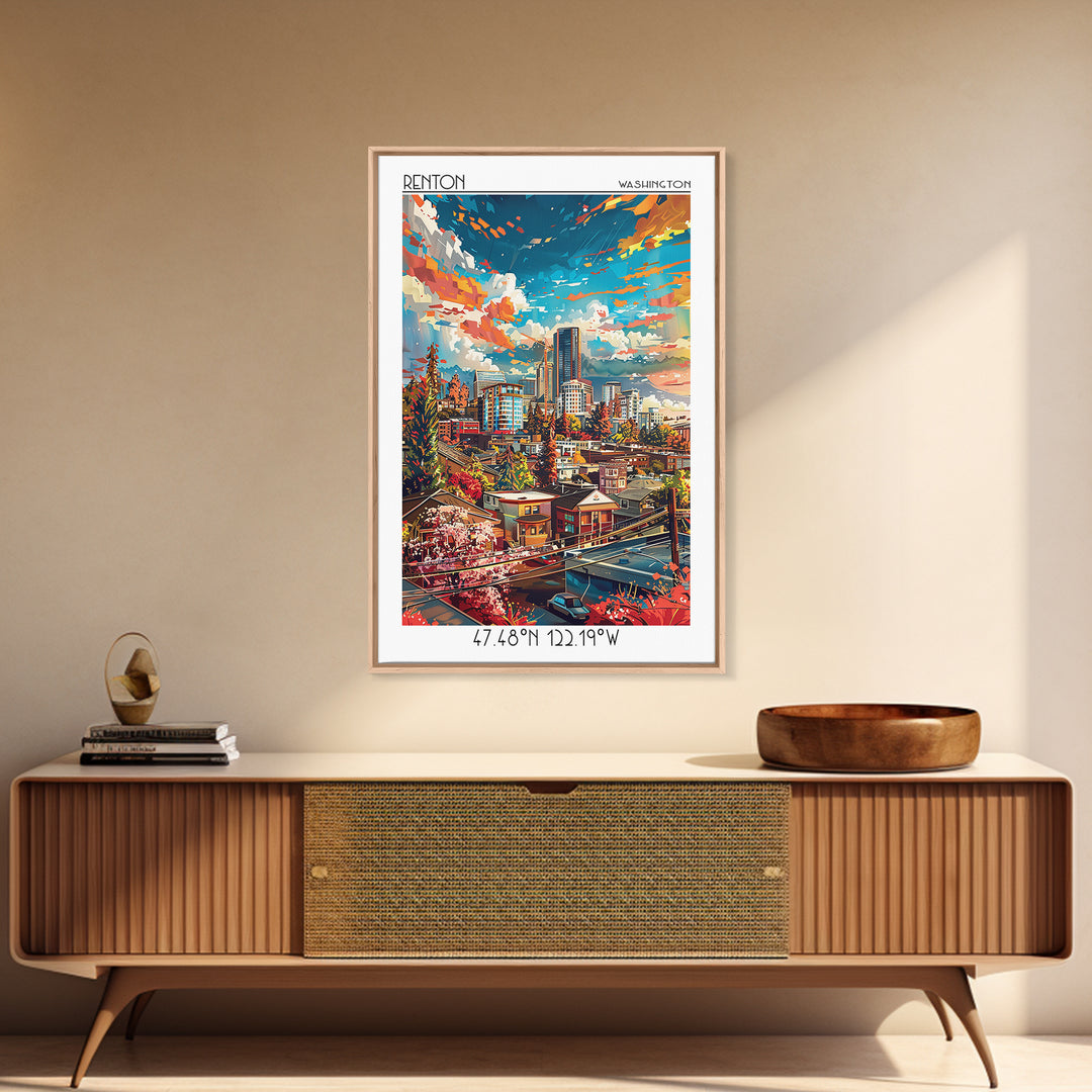 Renton Travel Poster, Canvas Print, Poster Print, Travel Wall Art, Wanderlust Gift, City Illustration, Vintage Poster, Travel Prints