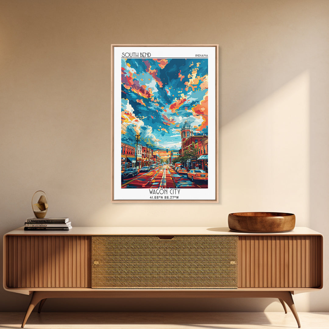 South Bend Travel Poster, Framed Canvas Print, Travel Wall Art, City Wall Art, City Art Print, City Travel Poster, Colorful Wall Art