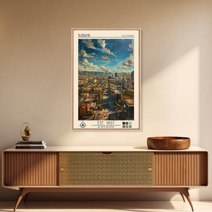Burbank Travel Poster, Canvas Print, City Travel Poster, Travel Wall Decor, Living Room Wall Art, Travel Wall Art, Colorful Wall Art