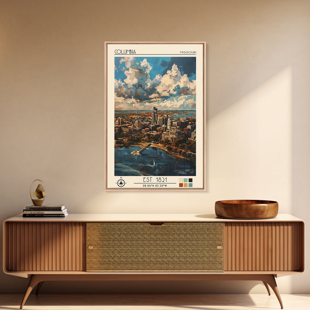 Columbia South Carolina Travel Poster, Framed Canvas Print, Travel Art Print, Modern Wall Decor, Living Room Wall Art, City Wall Art