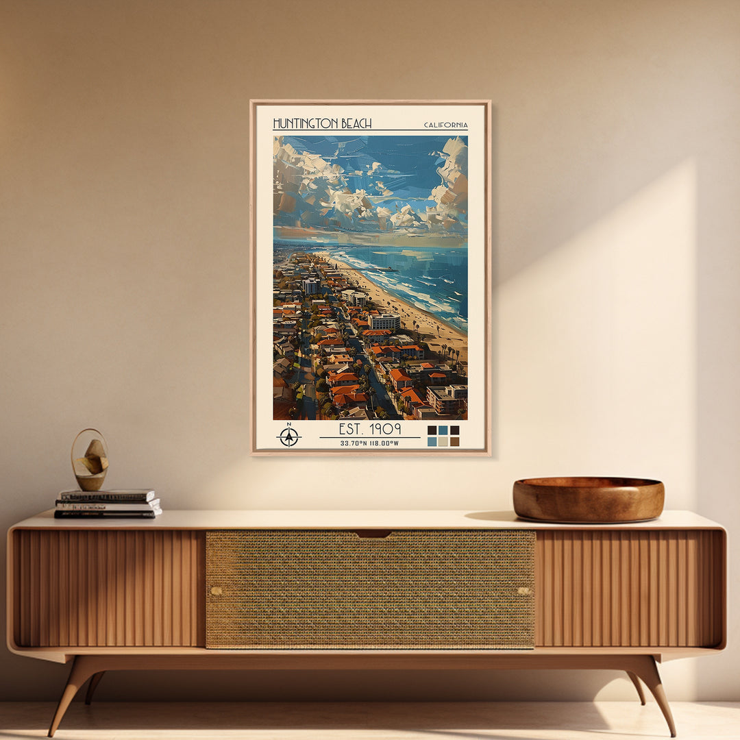 Huntington Beach Travel Poster, Canvas Print, City Art Print, Travel Wall Art, Vintage Poster, Vintage City Poster, Travel Art Print