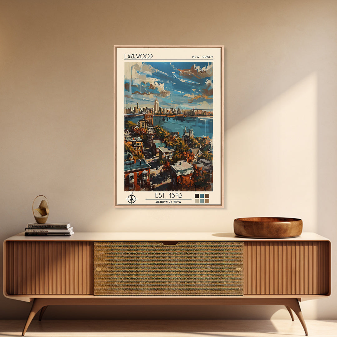 Lakewood New Jersey Travel Poster, Framed Canvas Print, City Travel Poster, Travel Wall Art, Living Room Wall Art, City Illustration