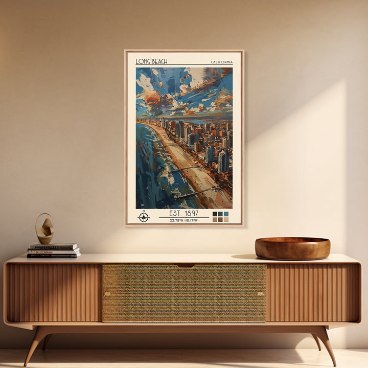 Long Beach Travel Poster, Framed Canvas Print, City Art Print, Travel Wall Art, City Travel Poster, Retro Travel Print, Poster Print