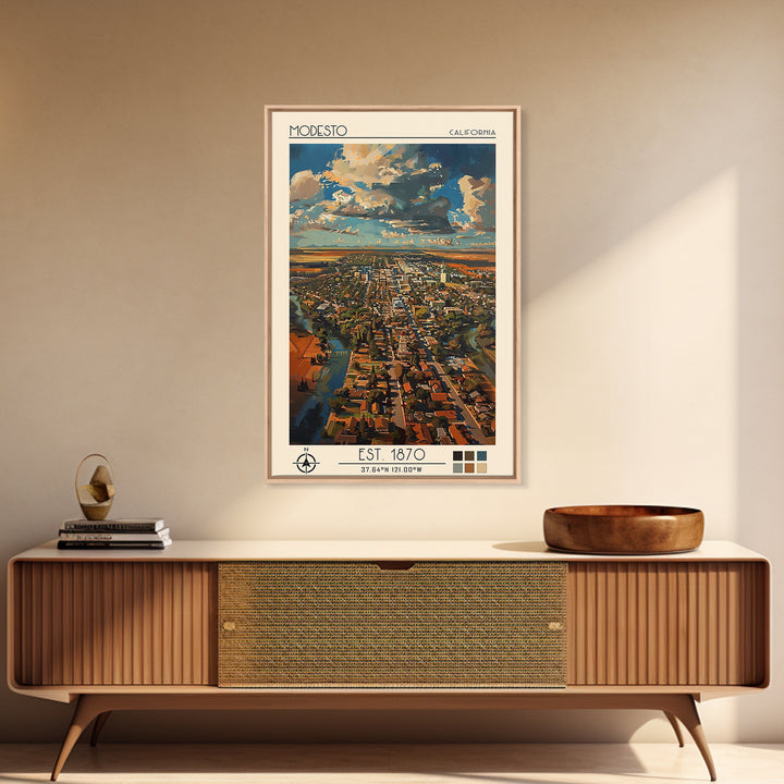 Modesto Travel Poster, Framed Canvas Print, Retro Wall Art, Travel Print, Minimalist Poster, Modern Wall Decor, Living Room Wall Art